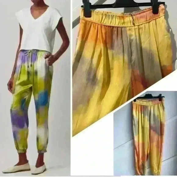 Zara die-dye silky joggers Yellow Orange Pants  Lightweight size S - Picture 1 of 8